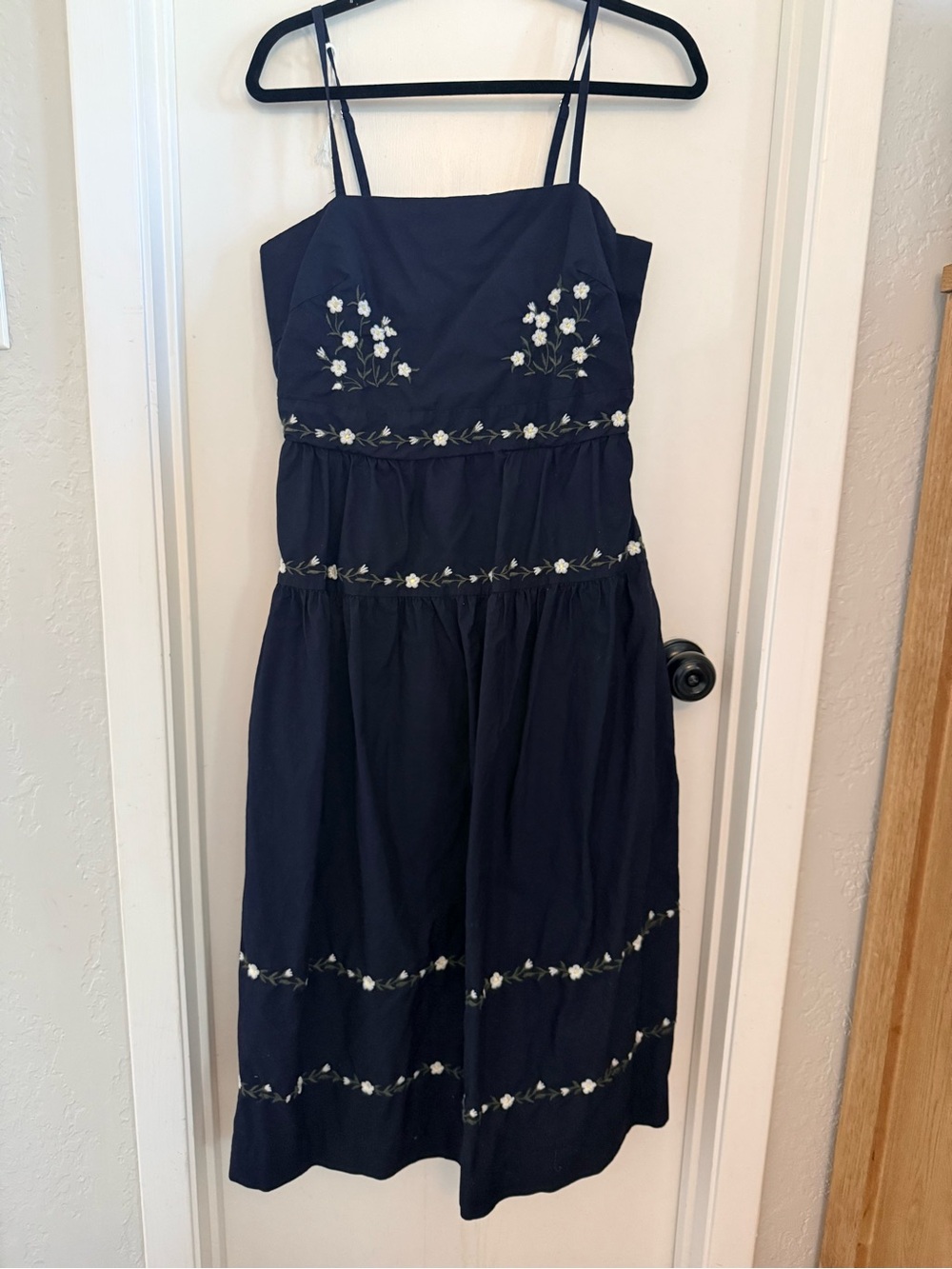 Navy Floral-Embroidered Midi Dress with Spaghetti Straps
